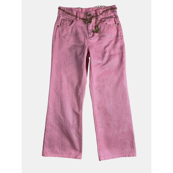 JUSTICE x Wicked The Movie Pink Sparkle Baggy Jeans w Belt  Size 7  Metallic BTS - Picture 1 of 14